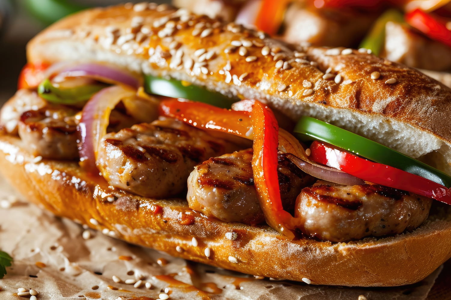 Italian sausage sandwich with peppers and onions