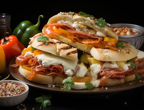 pork coppa sandwiches with peppers, onion, and cheese