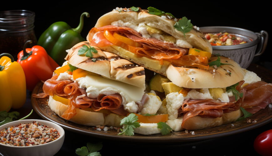 pork coppa sandwiches with peppers, onion, and cheese