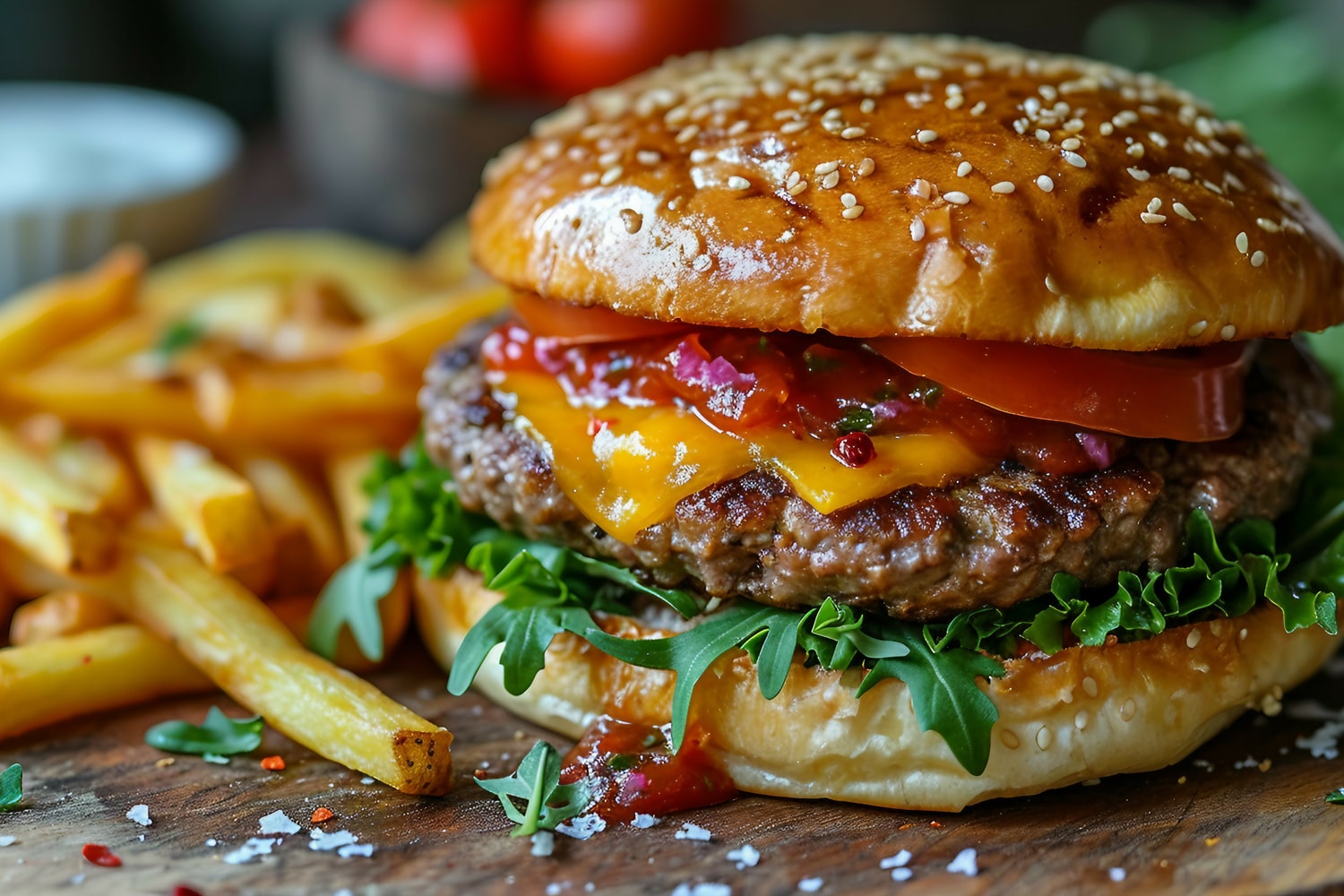 juicy beef burger with greens, cheese, tomato, ketchup with a side of fries