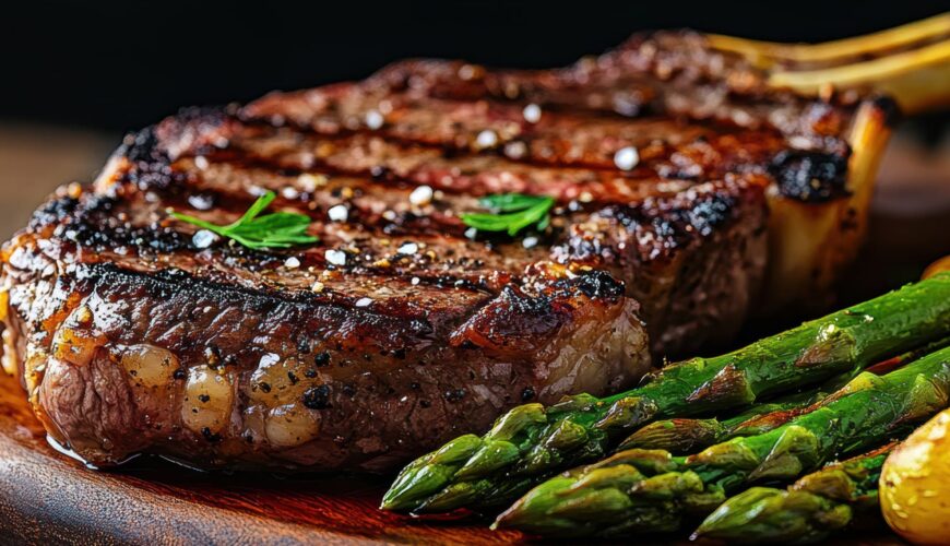 bone-in ribeye steak seasoned with Big Buzz Coffee Rub